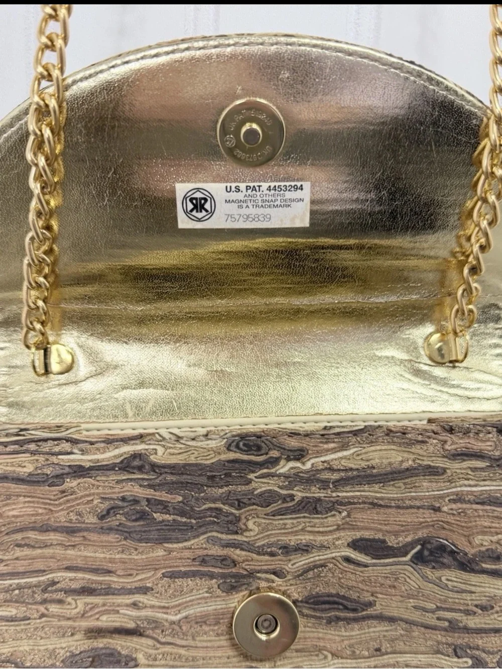 J. Renee Wood Grain Clutch Crossbody Gold Chain Mini Evening Bag Coastal
